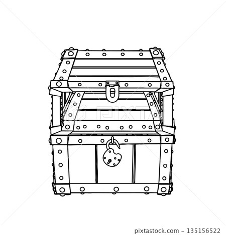 Outline for Half Opened Empty Medieval Chest with Padlock. Vector Illustration. Outline for Half Opened Empty Medieval Chest with Padlock. Vector Illustration. 135156522