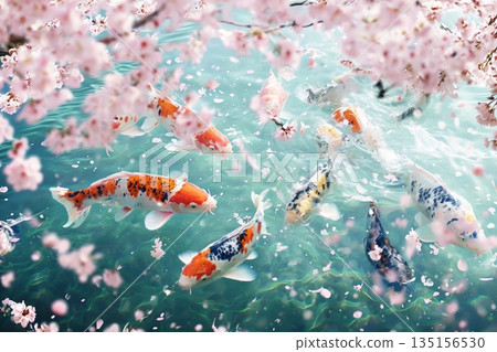 Carp swimming among fluttering cherry blossom petals 135156530