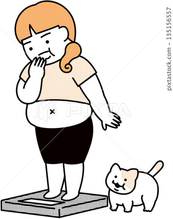 女人和貓在體重計上 女人和貓在體重計上 135156557