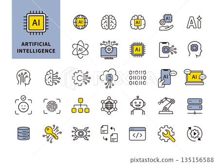 AI and technology flat icon set representing artificial intelligence and machine learning AI and technology flat icon set representing artificial intelligence and machine learning 135156588