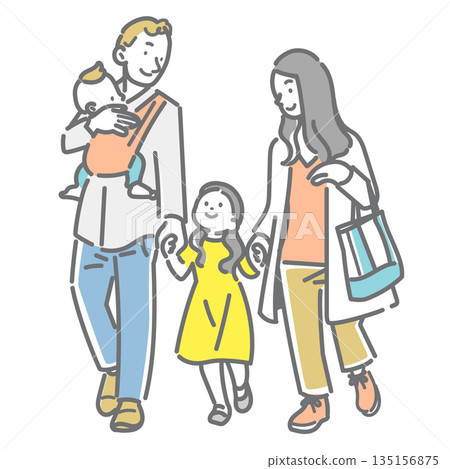 A young family enjoying a spring walk. A simple and stylish line drawing illustration A young family enjoying a spring walk. A simple and stylish line drawing illustration 135156875