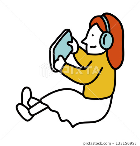 Woman wearing headphones and watching videos on her smartphone 135156955