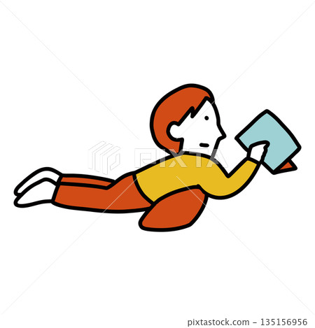 Illustration of a person lying down and operating a smartphone or smart device 135156956