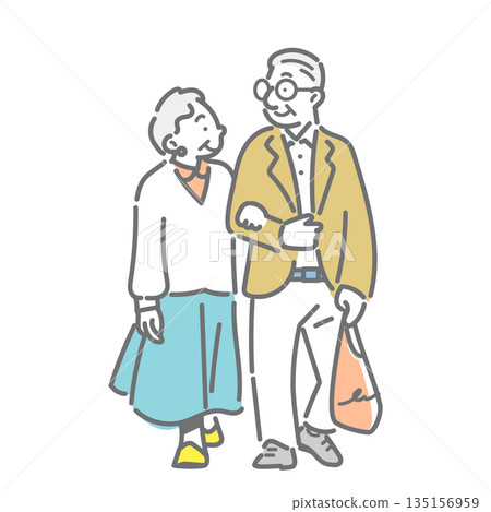 一幅簡潔而時尚的線條畫，描繪了一對老年夫婦享受春日漫步的場景。 135156959
