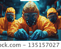 Toxic officers wearing gas masks inspected and assess of toxic in laboratory. 135157027