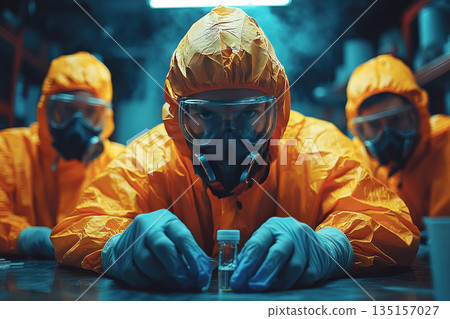 Toxic officers wearing gas masks inspected and assess of toxic in laboratory. 135157027