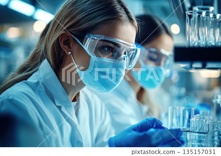Doctor or researcher examines a sample, their expression focused and determined 135157031