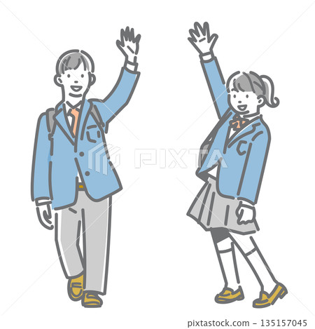 A simple and stylish line drawing of a smiling high school student waving A simple and stylish line drawing of a smiling high school student waving 135157045