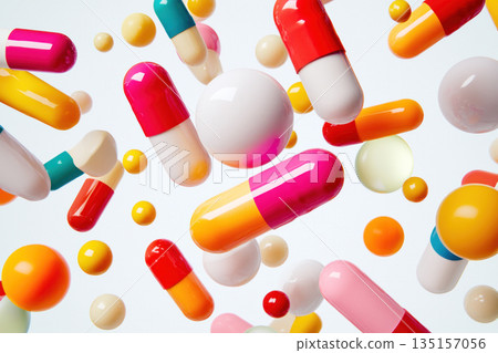 A vibrant array of capsules and pills floating against on white background, healthy concept 135157056