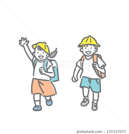 一幅簡潔時尚的線條畫，描繪了一個微笑的小學生奔跑的場景。 135157075