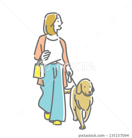 A young woman walking her dog. Simple and stylish line drawing illustration. Woman, young, dog, pet, pet dog, outing 135157094
