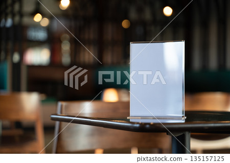 Stand Mock up Table tent menu card on blurred cafe bar background design key visual layout 135157125