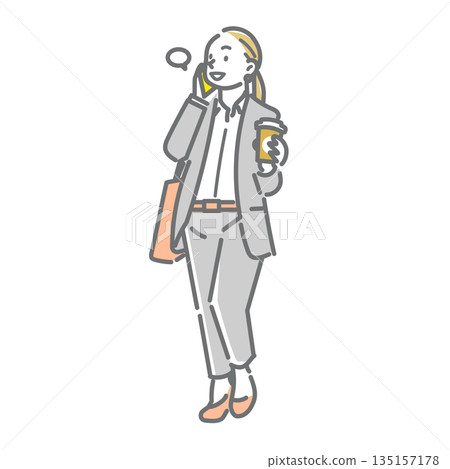 一位微笑、神清氣爽的女士去上班。簡潔時尚的線條畫插圖。 135157178