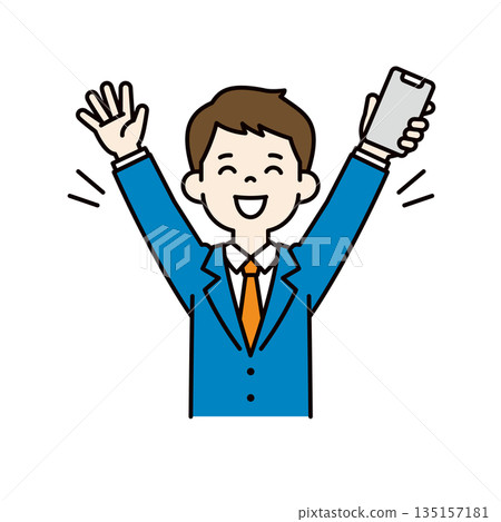 一位年輕的商人手持智慧型手機，舉起雙臂做出萬歲手勢，彩色向量插圖素材。 135157181