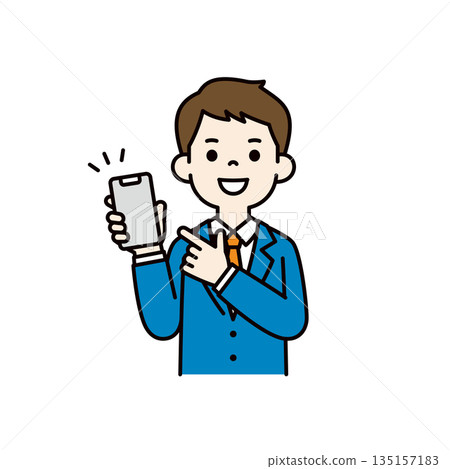 Smiling young businessman pointing at smartphone screen, upper body vector illustration material_color 135157183