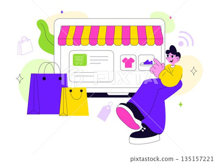 Smart Retail Store Vector Illustration Featuring Modern Digital Technology, Automated Shopping System, And Futuristic Customer Experience Background 135157221