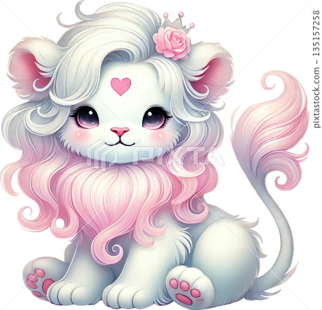 Adorable white lion cub with pink accents and crown 135157258