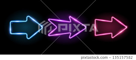 Blue, purple and pink neon arrow elements. 3 glowing led direction signs. Shine arrowhead shape tube lamps. Bright luminous fluorescent pointers for banner, poster, logo. Vector neon led lights 135157582