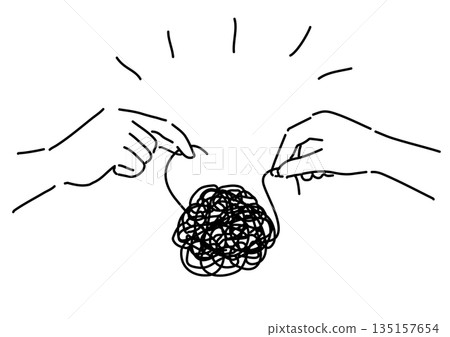 Hands working together to untangle tangled threads Simple line drawing of teamwork and solutions Hands working together to untangle tangled threads Simple line drawing of teamwork and solutions 135157654