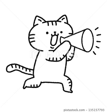 Cat shouting with a megaphone Line drawing 135157793