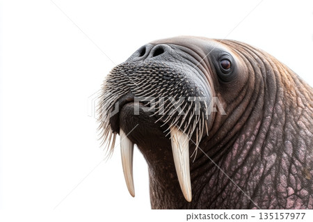 Close up of walrus with long tusks and whiskers showing detailed wrinkled skin and textured fur in natural pose 135157977
