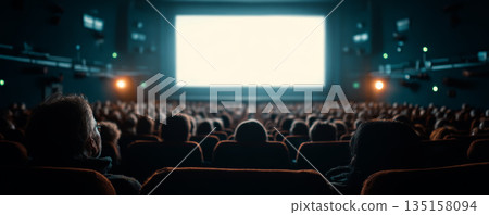 Movie theater audience watching bright screen in dark cinema hall, capturing immersive and focused atmosphere of film viewing Movie theater audience watching bright screen in dark cinema hall, capturing immersive and focused atmosphere of film viewing 135158094