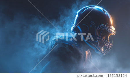 American football player in helmet with glowing blue light and smoke effect, intense focus and determination in dark background 135158124