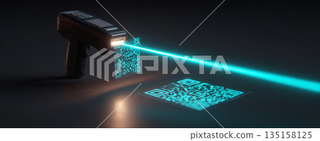 Barcode scanner emitting blue laser light scanning digital QR code on dark surface with futuristic technology concept 135158125