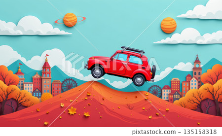 Red car flying over autumn hill with orange leaves and colorful cityscape under blue sky with clouds and planets 135158318