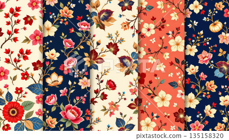 Floral seamless pattern collection with colorful flowers and leaves on cream, navy, and coral backgrounds, creating decorative and elegant design 135158320