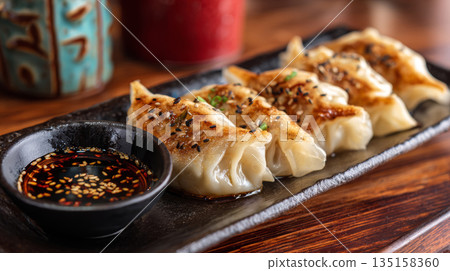 Pan fried dumpling with sesame seeds and soy sauce in black bowl served on rectangular plate with wooden table background 135158360