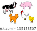 Hand-drawn illustrations of livestock and pets 135158507