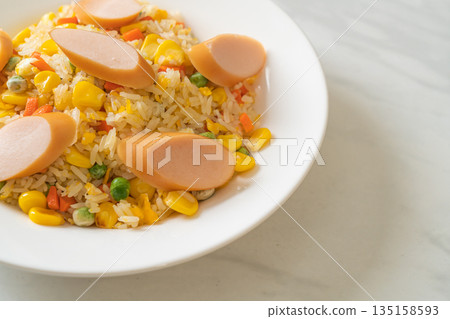 fried rice with sausage and mixed vegetable fried rice with sausage and mixed vegetable 135158593
