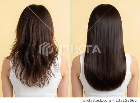 護髮前後對比:一位日本女性的背影,她擁有一頭閃亮、筆直、美麗的秀髮。留有文字空間。 護髮前後對比:一位日本女性的背影,她擁有一頭閃亮、筆直、美麗的秀髮。留有文字空間。 135158666