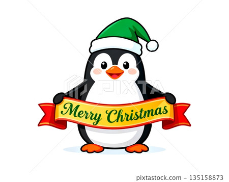 A cute penguin wearing a green Santa hat holds a red-yellow "Merry Christmas" banner, spreading the Christmas spirit with a cheerful expression on a clean white background. 135158873