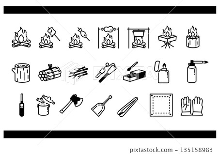 一套簡潔的篝火和工具圖標，單色 135158983