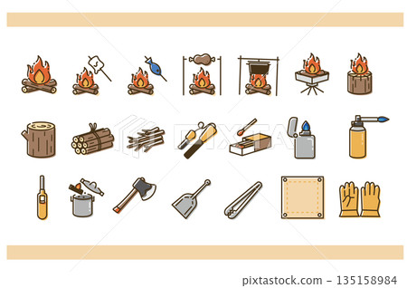 一套簡潔的圖標,包含篝火和工具,色彩可愛。 一套簡潔的圖標,包含篝火和工具,色彩可愛。 135158984