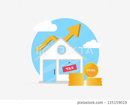 Property tax increase impacts homeowners in 2026. Property tax increase drives higher payments with rising arrow, coin stacks for local economic analysis and financial planning. Vector illustration 135159019