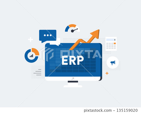 Enterprise resource planning ERP system integrates business processes efficiently. ERP enterprise resource planning system workflows and analytics for 2026 corporate productivity. Vector illustration Enterprise resource planning ERP system integrates business processes efficiently. ERP enterprise resource planning system workflows and analytics for 2026 corporate productivity. Vector illustration 135159020