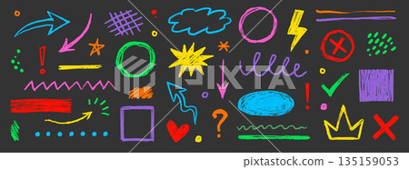 Arrow, circle, underline crayon line chalk textures hand drawn doodle color set. Hand drawn pastel color texture arrow, dot, star elements. Highlight, circle frame brush set. Vector 135159053
