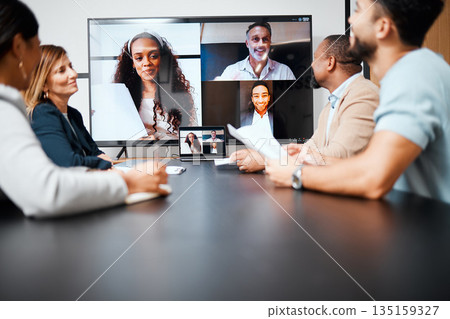 Diversity, video conference in business meeting and in boardroom with international clients at their workplace. Online communication, technology or connectivity and people on a virtual call planning Diversity, video conference in business meeting and in boardroom with international clients at their workplace. Online communication, technology or connectivity and people on a virtual call planning 135159327