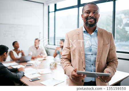 Black man in business, smile in portrait and tablet, leadership and presentation with group for corporate project. Team leader, digital and meeting with male speaker in conference room with tech Black man in business, smile in portrait and tablet, leadership and presentation with group for corporate project. Team leader, digital and meeting with male speaker in conference room with tech 135159350