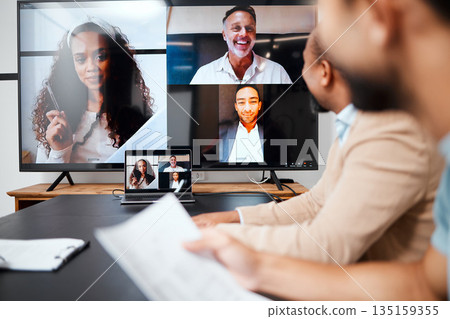Video call, meeting and planning with a group of business people in the boardroom for a virtual conference or workshop. Management, webinar and strategy with a corporate team in an office at work Video call, meeting and planning with a group of business people in the boardroom for a virtual conference or workshop. Management, webinar and strategy with a corporate team in an office at work 135159355