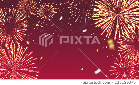 An illustration of golden fireworks and confetti bursting on a red background An illustration of golden fireworks and confetti bursting on a red background 135159376