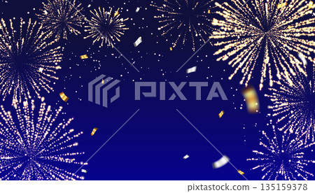 An illustration of golden fireworks and confetti bursting on a blue background An illustration of golden fireworks and confetti bursting on a blue background 135159378