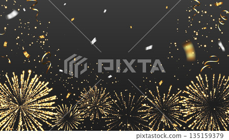 黑色背景上閃耀著金色的煙火和五彩紙屑——奢華的慶祝背景 黑色背景上閃耀著金色的煙火和五彩紙屑——奢華的慶祝背景 135159379