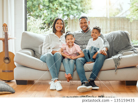 Family in portrait, parents and children smile, relax on couch with happiness and love while at home. Bonding, care and happy relationship, people together in house living room with mom, dad and kids Family in portrait, parents and children smile, relax on couch with happiness and love while at home. Bonding, care and happy relationship, people together in house living room with mom, dad and kids 135159435