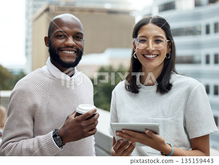 Portrait, businesspeople with coffee and tablet on rooftop building together with smile. Friends on lunch, technology and happy colleagues smiling in city or urban on a balcony of a building Portrait, businesspeople with coffee and tablet on rooftop building together with smile. Friends on lunch, technology and happy colleagues smiling in city or urban on a balcony of a building 135159443