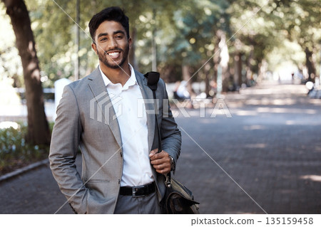 Portrait, business and happy man in city for travel, morning commute or urban journey outdoor. Corporate male employee, entrepreneur and confident in street with pride, professional commitment or bag 135159458