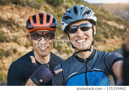 Men, cycling friends and nature selfie for race, training or shaka sign with smile in outdoor portrait. Man, mountains and exercise partnership with photography, profile picture or social network app 135159462
